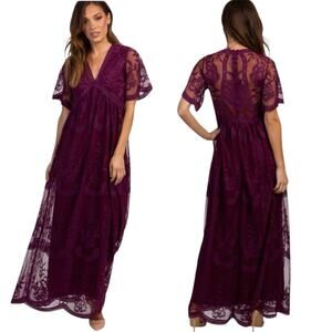 Pinkblush Burgundy Scalloped Edge Lace Overlay Empire Waist Maxi Dress Size S
